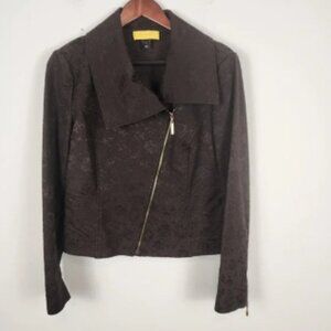 St John Asymmetrical Bomber Moto Jacquard Brown Jacket Women's Size‎ 6